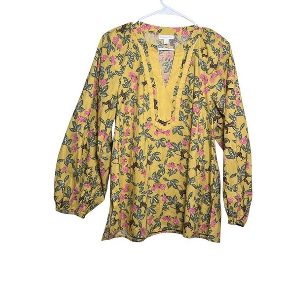 Charter Club Blouse Women's Large Yellow Printed Monkey Preppy Casual Top - Picture 1 of 10